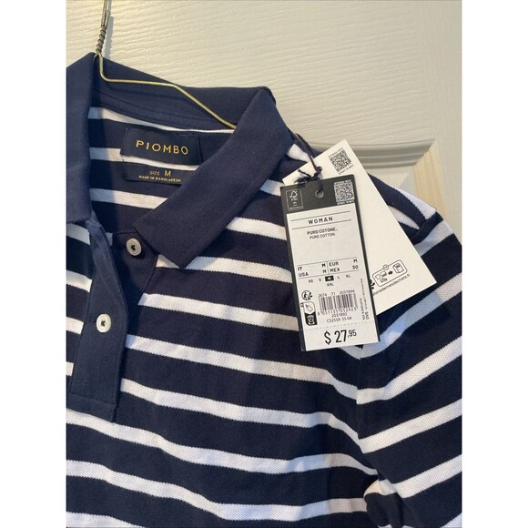 Piombo Women's Polo Blue &white Stripe Size medium - Picture 2 of 7